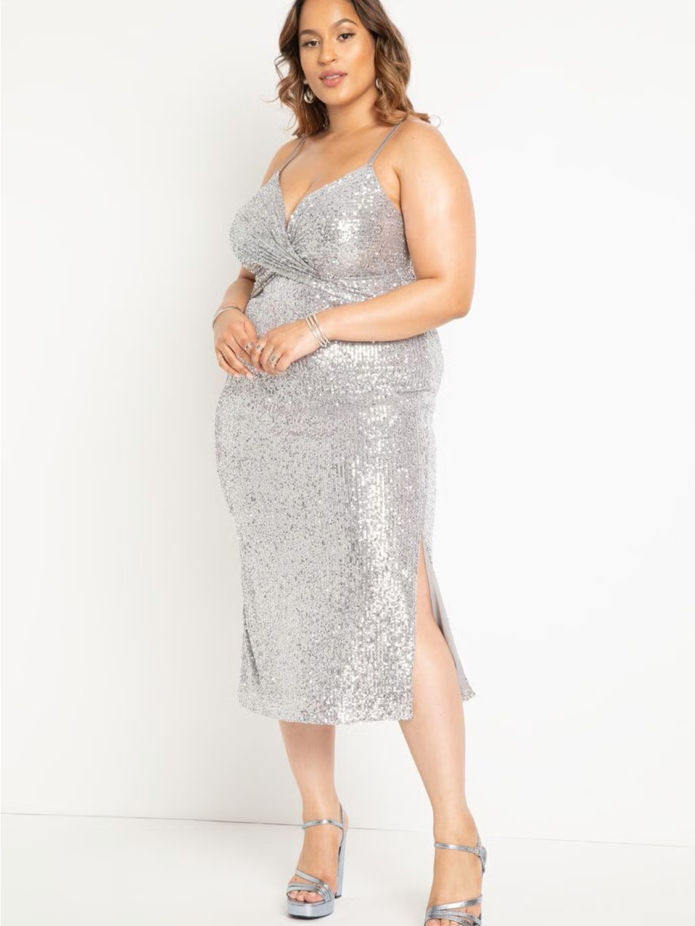 Eloquii Silver Sequin Draped Evening Dress - Picture 2 of 7